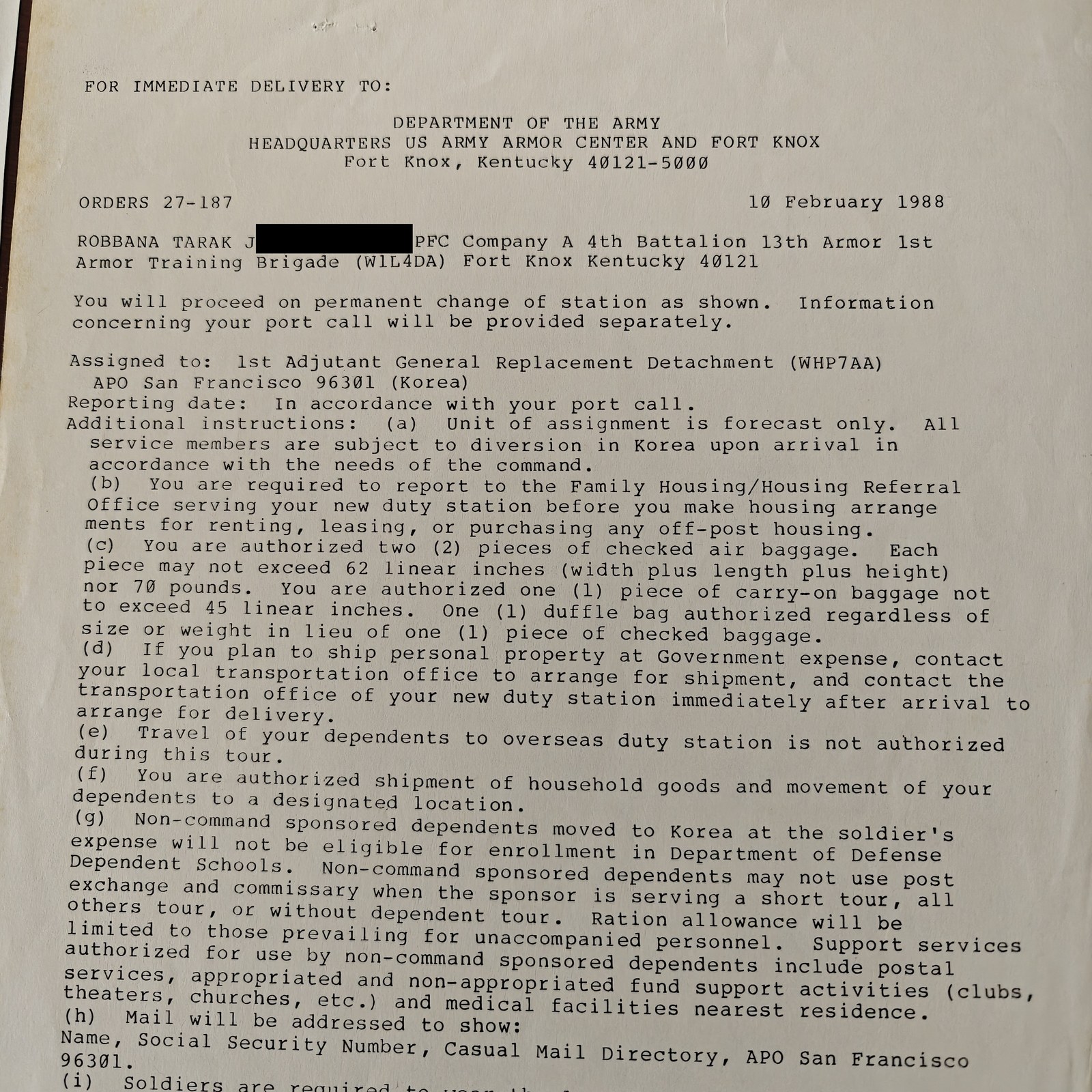 US Army orders sending PFC Tarak Robbana to Korea, dated 10 February 1988