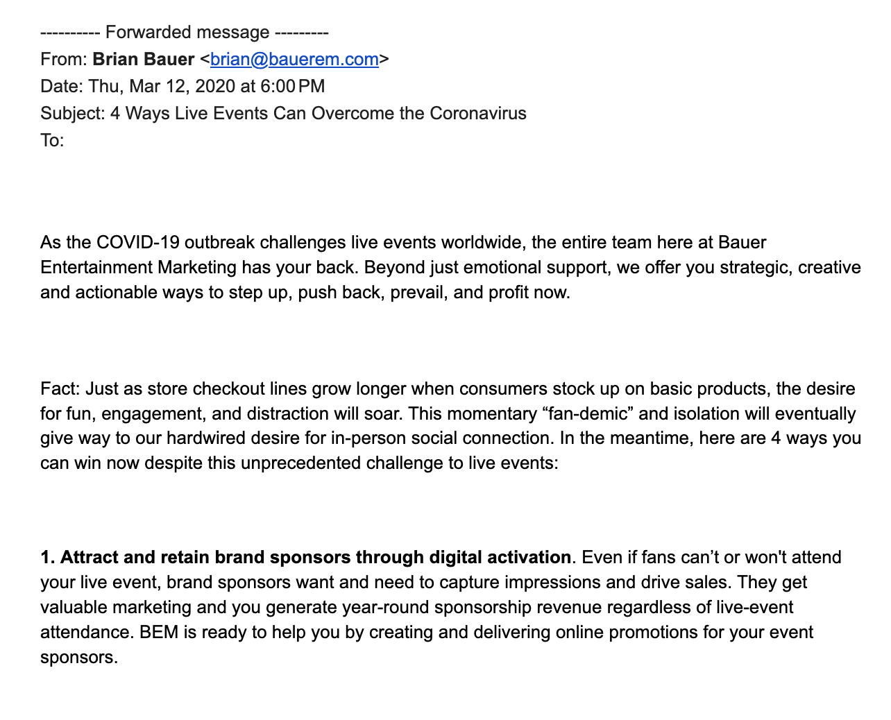 Brian Bauer's March 12, 2020 email to BEM clients, titled 4 Ways Live Events Can Overcome the Coronavirus