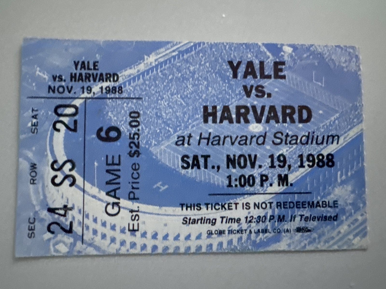 Ticket stub for Yale vs. Harvard at Harvard Stadium, November 19, 1988